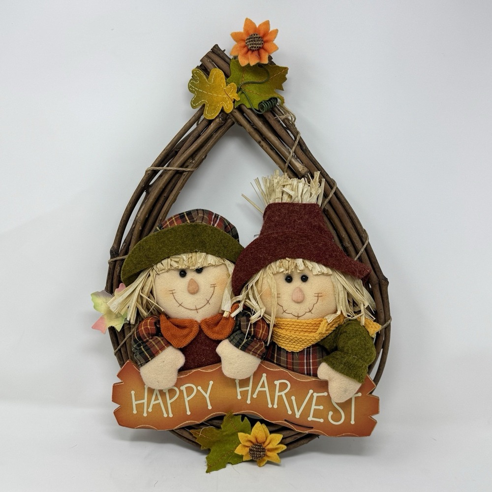 Vintage Happy Harvest Grapevine Fall Scarecrows Door Hanger Wreath 16"‎